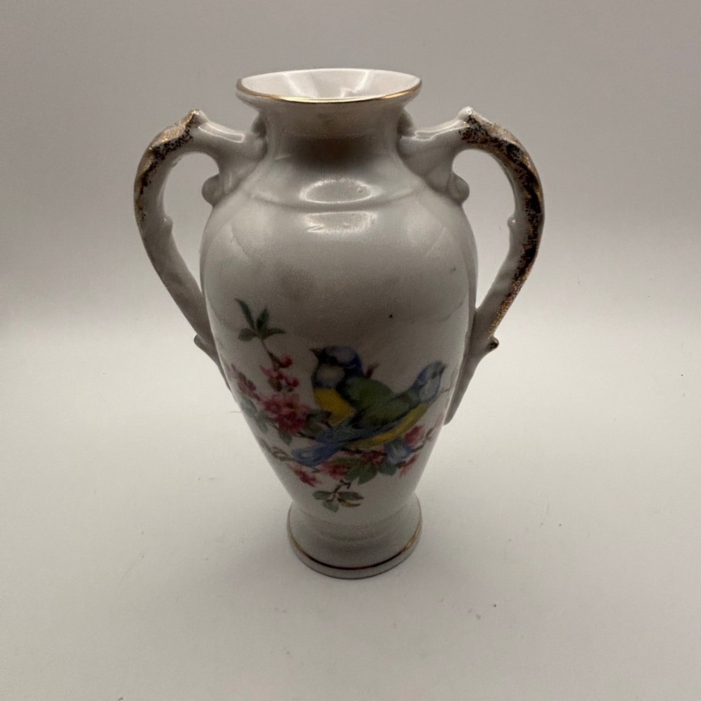 Vintage Floral Bird‎ Vase Gold Trim Handles Decor Accent Piece Small